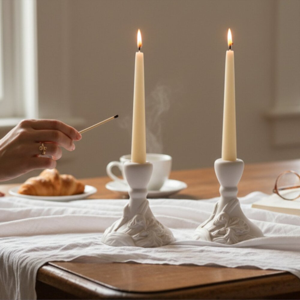 TAPER CANDLE HOLDERS -- White Ceramic, Raised Floral Design, Set of 2, Unused